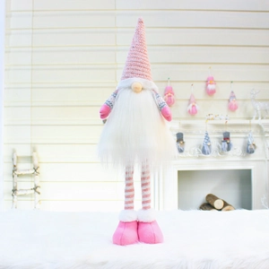 Pink and white Christmas gnome plush doll with knitted hat and long striped legs decoration