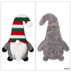 Front and back detail of Christmas gnome cutlery holder with red and green striped hat