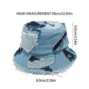 Detailed size chart for blue denim bucket hat with frayed edges and patchwork design