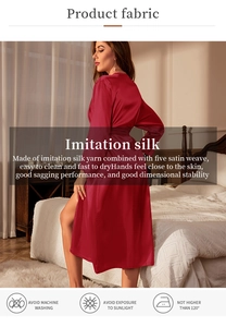 Detail view of red imitation silk robe showing five satin weave and luxury texture