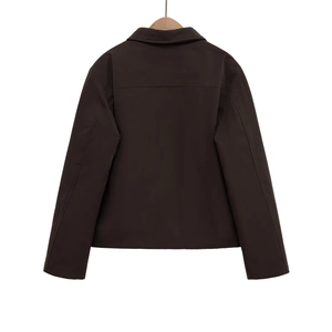 Fashionable dark brown faux suede jacket for women featuring a minimalist back view design