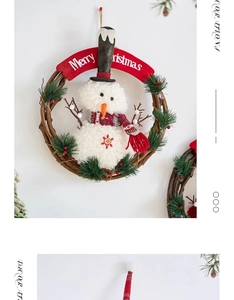 Detail of Christmas snowman rattan wreath with pine cones and Merry Christmas sign