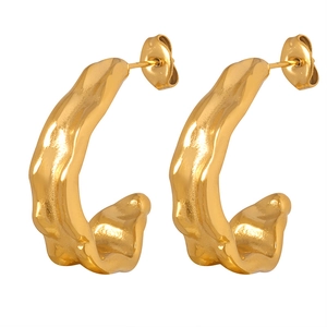 Fashion vintage gold C-shape hollow earrings with unique textured lava metal surface