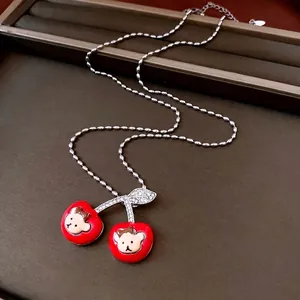 Sweet cherry bear pendant necklace with red enamel and pavé zircons on silver bead chain