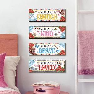 Lot de 4 plaques murales en bois thème Alice aux pays des merveilles pour chambre fille