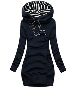 Detail of navy hoodie dress with striped hood lining and heart print on a white background