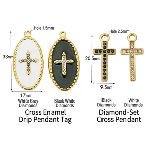 Set of four 18k gold plated stainless steel cross pendants with crystal rhinestones