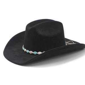 Black bohemian fedora with turquoise beaded band in a wide brim western cowboy style