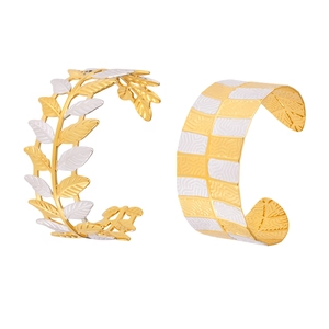 Bracciali aperti bicolore in acciaio inossidabile con foglie e texture a onde