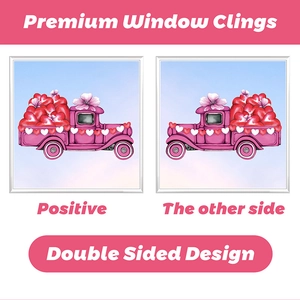 Double sided Valentine window clings with romantic pink truck and red heart balloons