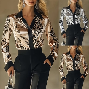Women Satin Blouse Long Sleeve Leopard Floral Print Shirt Contrast Trim Button Down Lapel Collar Commuter Casual Top