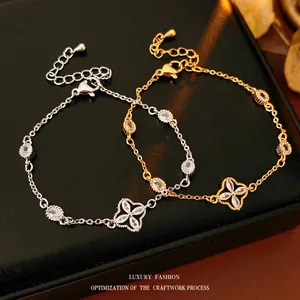 Flower Clover Bracelet Copper With Zircon Inlay Adjustable Chain Elegant Jewelry For Women
