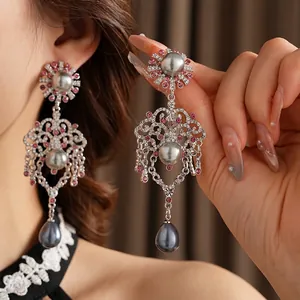 Vintage silver earrings with pink zircon, baroque hollow patterns and grey drop pearls