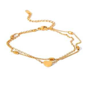 Double-layer golden stainless steel anklet with delicate bead chains and heart pendant