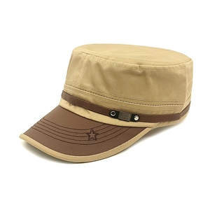 Detail showing khaki cotton cadet cap with leather brim, star pattern and metal rivets