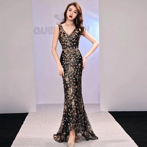 Elegant deep V-neck sleeveless black mermaid evening gown with gold sequin embroidery