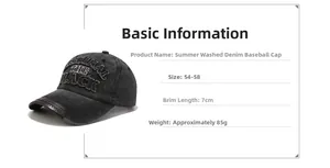 Detail of washed denim baseball cap with leather trim and embroidered brand lettering