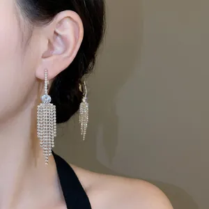 Elegant silver tassel earrings with zircon studs and long fringes for formal events