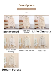 Detailed grid of seven cartoon printed baby hooded bath towels in soft cotton gauze fabric