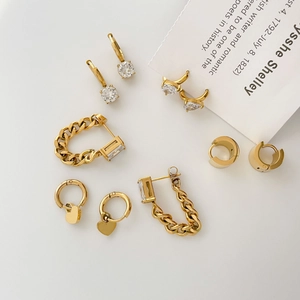 Stainless Steel Gold Plated Hoop Earrings With Cubic Zirconia Heart Square Water Drop Geometric Minimalist Jewelry Women