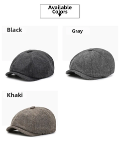 Detailed view of herringbone newsboy caps in black, grey, and khaki color options