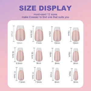 Size chart for French press-on nails featuring 12 different sizes in nude and white finish