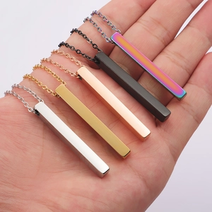 Polished stainless steel bar necklaces in silver, gold, rose gold, black, and rainbow colors