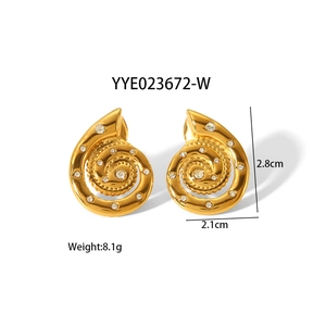 Gold stainless steel snail earrings with crystals measuring 2.8cm by 2.1cm size