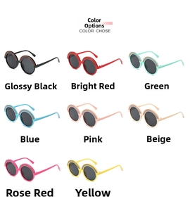 Selection of colorful round children's sunglasses with rainbow stripes in eight shades