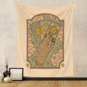 Wall Tapestry Retro Mystical Cat Tarot Sun Moon Star Polyester Fabric Bohemian Style Background Cloth For Room Dorm Decor
