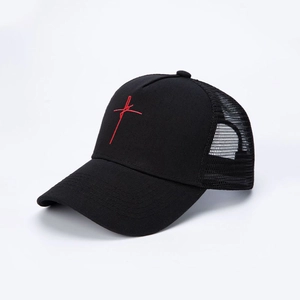 Classic black trucker hat with red embroidery and mesh panels for sun protection