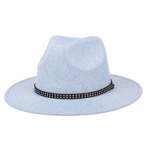 Classic light blue wool Fedora hat with black studded band for men and women