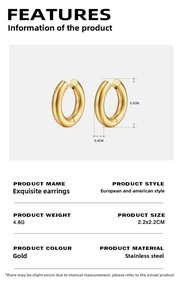 Detail showing 2.2cm 18K gold plated stainless steel hoop earrings with size measurements