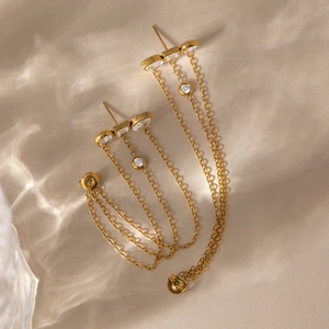 Elegant 18K gold plated stainless steel tassel earrings with white zircon accents