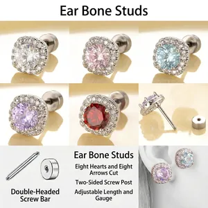 Boucles Oreilles Cartilage Acier Titane Zircon Étincelant Carré Rond Halo Fermoir À Vis Tête Plate Bijoux Corps Femmes