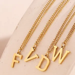 Golden 18k initial letter pendants F V D W on curb chain necklaces with matte finish