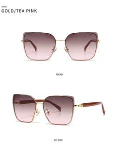 Front and 45-degree side views of gold metal sunglasses with tea pink gradient lenses