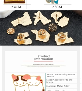 Detail view of cartoon cat alloy brooches showing 2.8cm size and butterfly clutch back