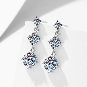 S925 sterling silver drop earrings featuring three graduated round moissanite stones
