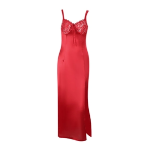 Elegant red satin midi dress with lace neckline and side slit for a slim fit look