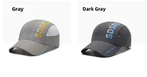 Detail of quick-dry baseball caps with mesh panels and sporty lettering in grey colors