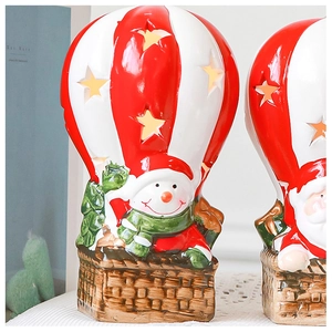 Close-up of glowing Santa and snowman hot air balloon ornaments with star cutouts