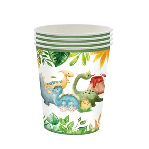 Cartoon dinosaur party disposable paper cups with watercolor dino illustrations for kids