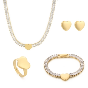 Parure de bijoux coeur 18K dorée avec collier, boucles d'oreilles, bracelet et bague