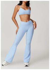 Close-up of the light blue yoga set featuring a V-shaped cross high-waisted waistband detail