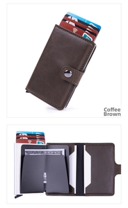 Brown PU leather pop-up wallet with RFID blocking aluminum case and functional interior slots