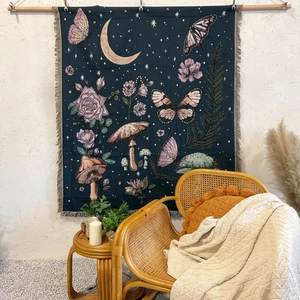 Bohemian moth and moon phase woven tapestry blanket with fringe and wooden hanging rod