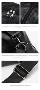 Detail view of smooth metal two-way zipper and detachable hook on travel bag