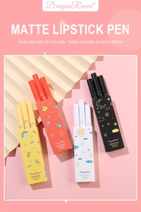Detailed close-up of matte lipstick pen sets with cute cartoon illustrated packaging