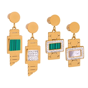 Elegant gold geometric earrings with green stripes, rhinestones, and mother of pearl inlay